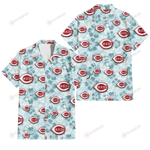 Cincinnati Reds Pale Turquoise Hibiscus Light Cyan Background 3D Hawaiian Shirt