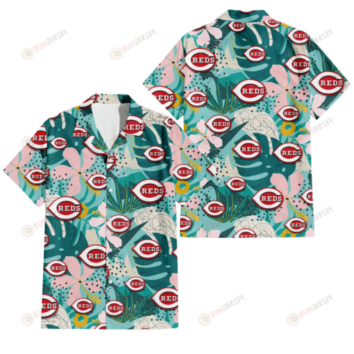 Cincinnati Reds Pastel Hibiscus Palm Leaf Tiny Dot Green Background 3D Hawaiian Shirt