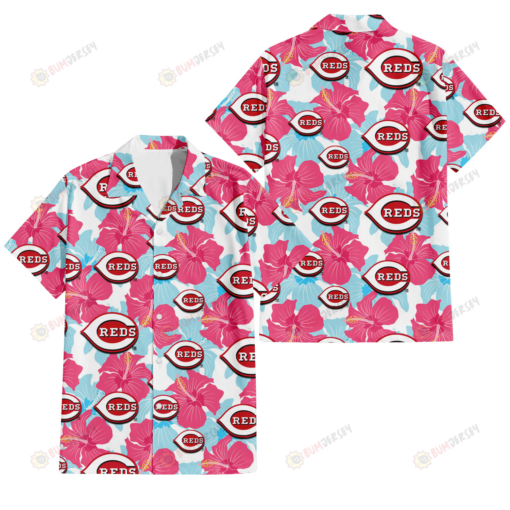 Cincinnati Reds Pink Blue Hibiscus White Background 3D Hawaiian Shirt