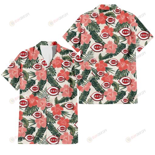 Cincinnati Reds Pink Coral Hibiscus Banana Leaf Beige Background 3D Hawaiian Shirt