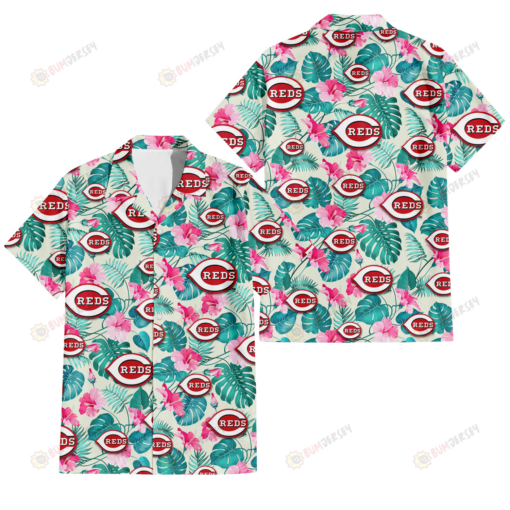 Cincinnati Reds Pink Hibiscus Green Leaf Beige Background 3D Hawaiian Shirt