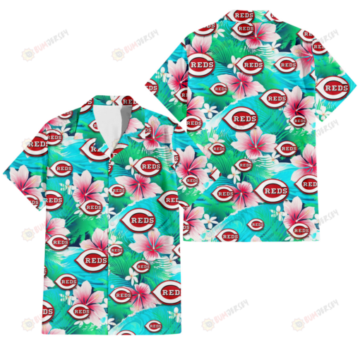 Cincinnati Reds Pink Hibiscus Green Leaf Blue Background 3D Hawaiian Shirt