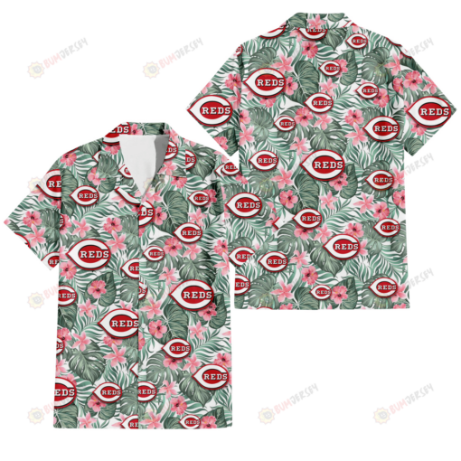 Cincinnati Reds Pink Hibiscus Porcelain Flower Tropical Leaf White Background 3D Hawaiian Shirt