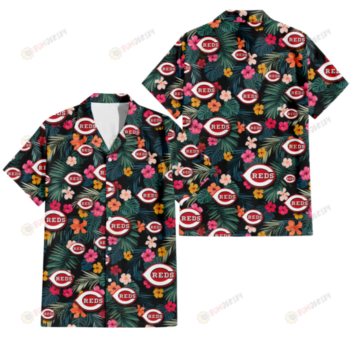 Cincinnati Reds Pink Yellow Orange Hibiscus Big Tropical Leaf Black Background 3D Hawaiian Shirt