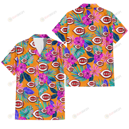 Cincinnati Reds Purple Hibiscus Neon Leaf Orange Background 3D Hawaiian Shirt