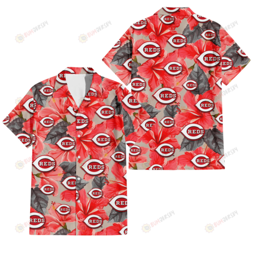 Cincinnati Reds Red Hibiscus Gray Leaf Beige Background 3D Hawaiian Shirt