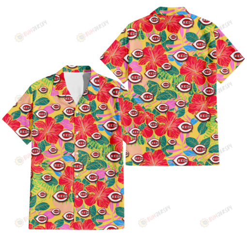 Cincinnati Reds Red Hibiscus Green Blue Leaf Yellow Background 3D Hawaiian Shirt