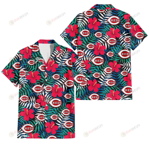 Cincinnati Reds Red Hibiscus Green Blue White Leaf Black Background 3D Hawaiian Shirt