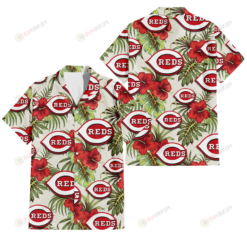 Cincinnati Reds Red Hibiscus Green Tropical Leaf Cream Background 3D Hawaiian Shirt