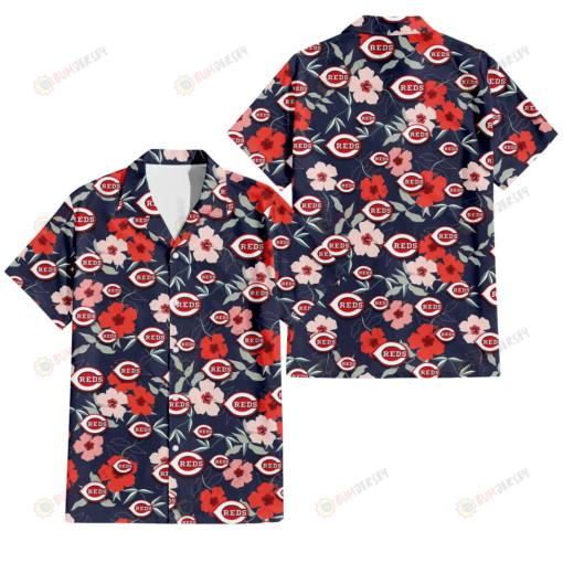 Cincinnati Reds Red Pink White Hibiscus Black Background 3D Hawaiian Shirt