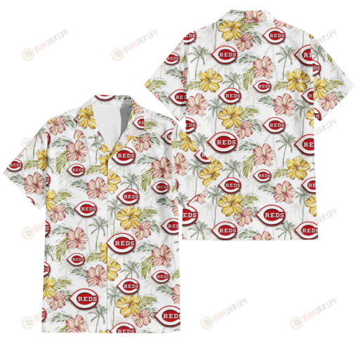 Cincinnati Reds Sketch Red Yellow Coconut Tree White Background 3D Hawaiian Shirt