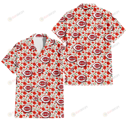 Cincinnati Reds Tiny Red Hibiscus Green Leaf White Cube Background 3D Hawaiian Shirt