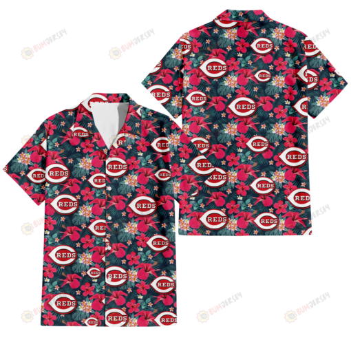 Cincinnati Reds Tiny Red Hibiscus White Porcelain Flower Black Background 3D Hawaiian Shirt