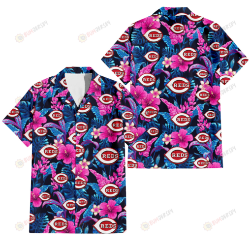 Cincinnati Reds Violet Red Hibiscus Blue Leaf Black Background 3D Hawaiian Shirt