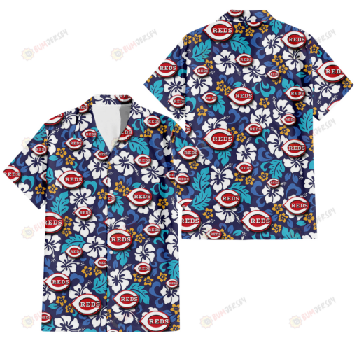 Cincinnati Reds White Hibiscus Ceramic Style Navy Background 3D Hawaiian Shirt