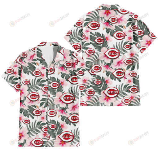 Cincinnati Reds White Hibiscus Green Leaf White Background 3D Hawaiian Shirt