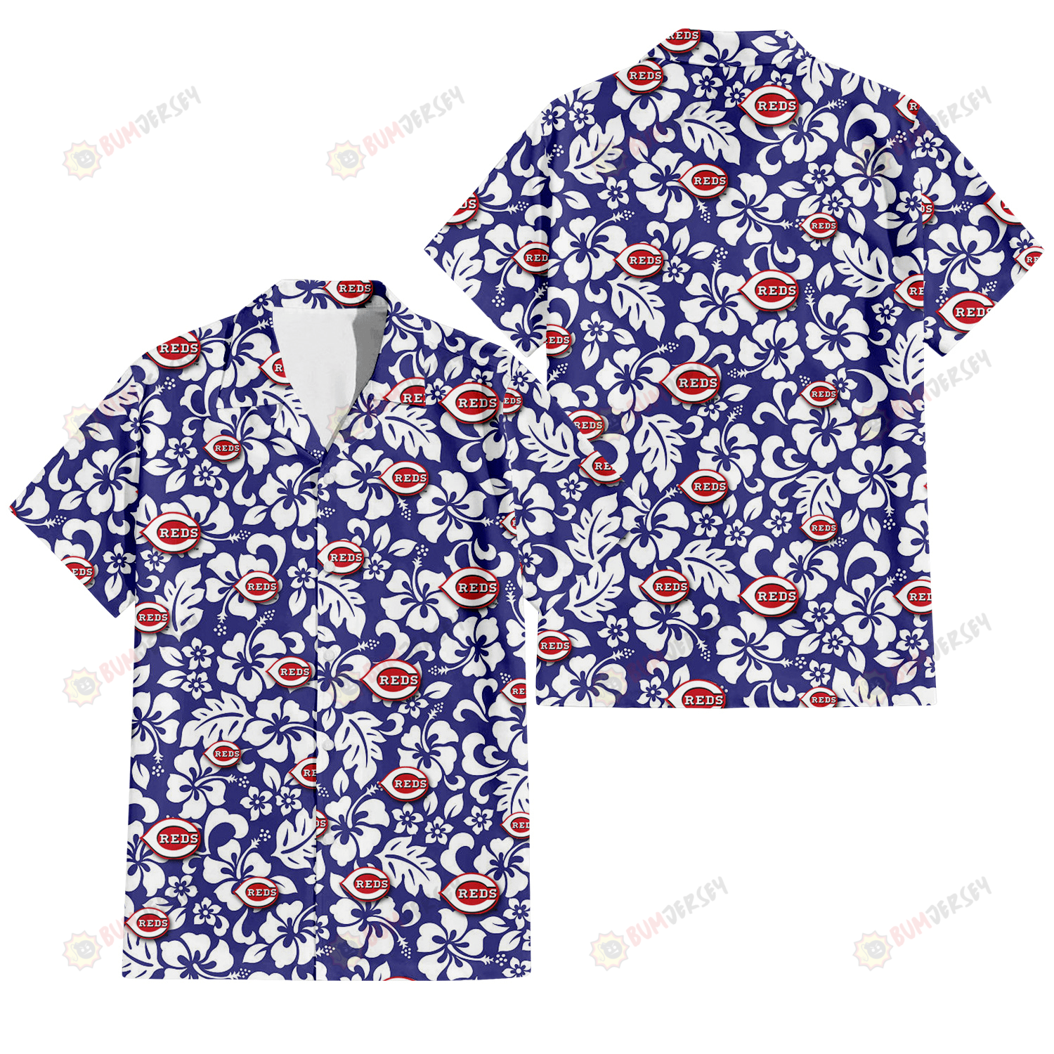 Cincinnati Reds White Hibiscus Pattern Slate Blue Background 3D Hawaiian Shirt
