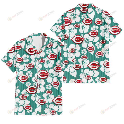 Cincinnati Reds White Hibiscus Turquoise Stripe Background 3D Hawaiian Shirt