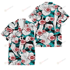 Cincinnati Reds White Hibiscus Turquoise Wave Black Background 3D Hawaiian Shirt