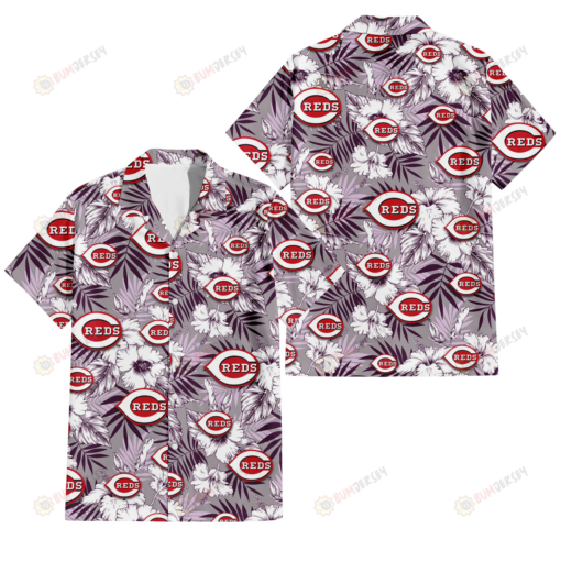 Cincinnati Reds White Hibiscus Violet Leaves Light Grey Background 3D Hawaiian Shirt