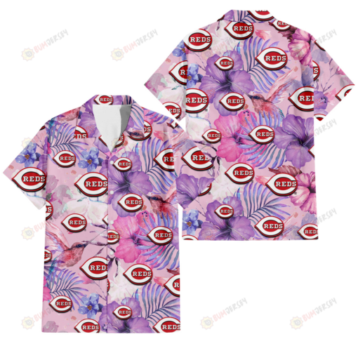 Cincinnati Reds White Purple Hibiscus Pink Hummingbird Pink Background 3D Hawaiian Shirt