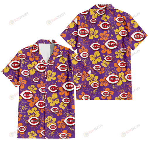 Cincinnati Reds Yellow And Orange Hibiscus Purple Background 3D Hawaiian Shirt