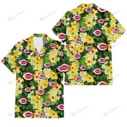 Cincinnati Reds Yellow Hibiscus Tropical Green Leaf Black Background 3D Hawaiian Shirt