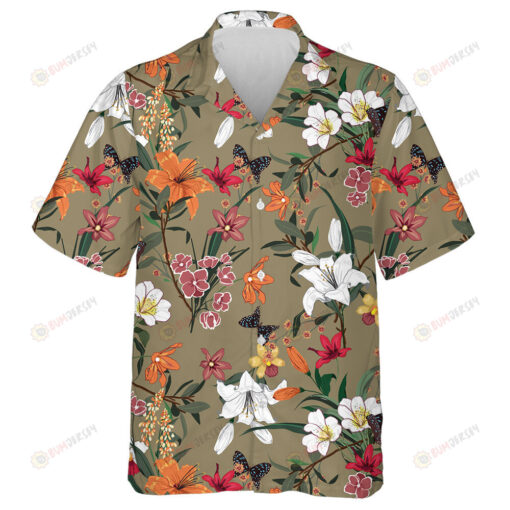 Classic Colorful Flower Branches And Butterflies Pattern Hawaiian Shirt