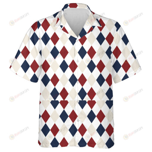 Classic Diamond Repeating Pattern In Red Blue And White Hawaiian Shirt