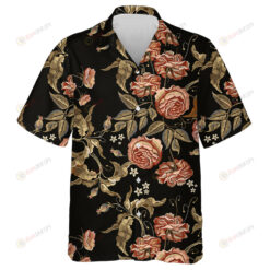 Classic Pink Roses Branch Embroidery On Black Background Design Hawaiian Shirt