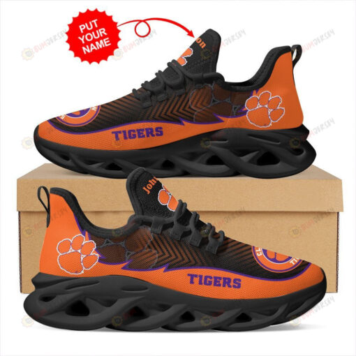 Clemson Tigers Logo Pattern Custom Name 3D Max Soul Sneaker Shoes In Black Orange