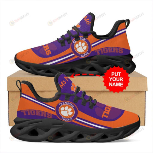 Clemson Tigers Logo Pattern Custom Name 3D Max Soul Sneaker Shoes In Orange Purple