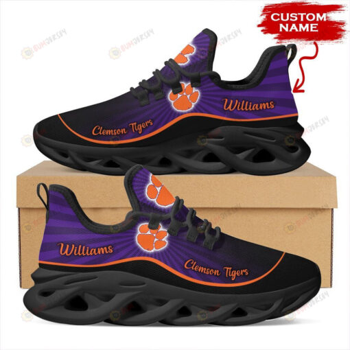 Clemson Tigers Logo Pattern Custom Name 3D Max Soul Sneaker Shoes In Purple Black