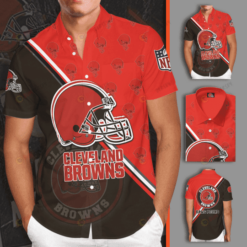 Cleveland Browns Big Logo Curved Hawaiian Shirt In Red And Black
