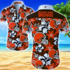 Cleveland Browns Floral & Helmet Pattern Curved Hawaiian Shirt In Orange & Black