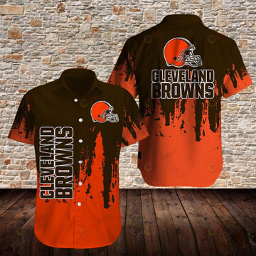 Cleveland Browns Helmet Pattern Curved Hawaiian Shirt In Orange & Brown