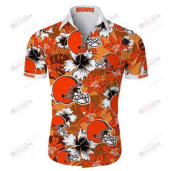 Cleveland Browns Helmet & Flower Pattern Curved Hawaiian Shirt In Orange