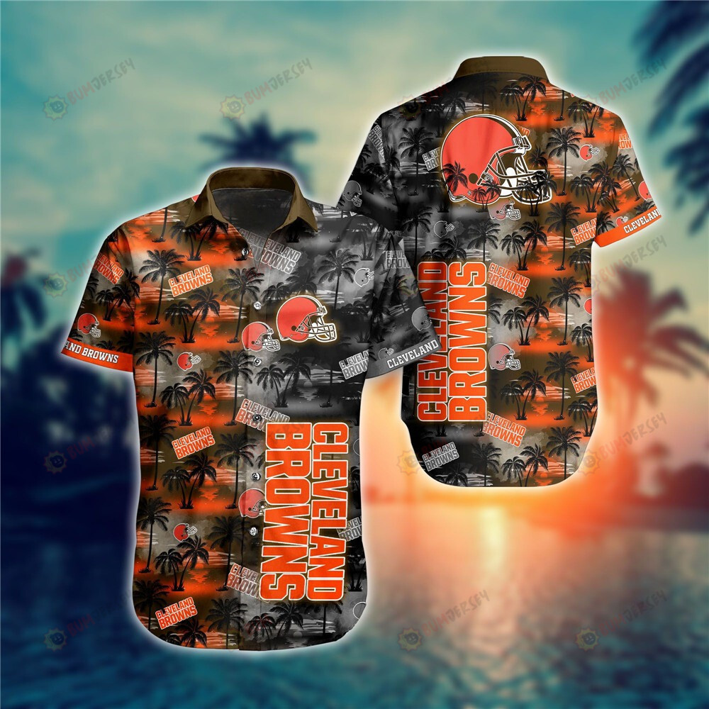Cleveland Browns Helmet & Tree Pattern Curved Hawaiian Shirt In Orange & Black