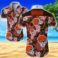 Cleveland Browns Leaf & Flower Pattern Curved Hawaiian Shirt In Black & Red