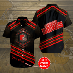 Cleveland Browns Logo Custom Name Curved Hawaiian Shirt In Black