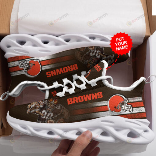 Cleveland Browns Logo Pattern Custom Name 3D Max Soul Sneaker Shoes In Brown