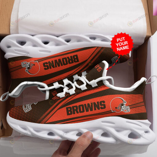 Cleveland Browns Logo Pattern Custom Name 3D Max Soul Sneaker Shoes In Brown And Orange