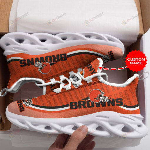 Cleveland Browns Logo Pattern Custom Name 3D Max Soul Sneaker Shoes In Orange