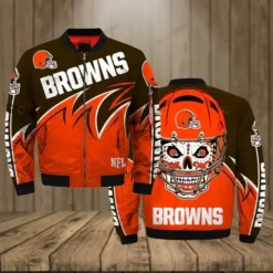 Cleveland Browns Team Logo Pattern Bomber Jacket - Brown And Orange