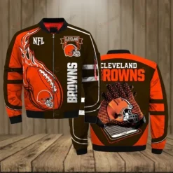 Cleveland Browns Team Logo Pattern Bomber Jacket - Orange And Brown