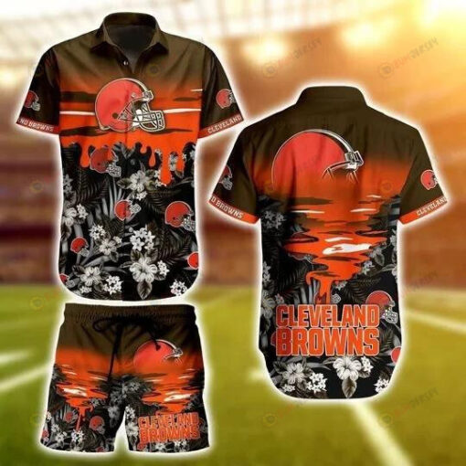 Cleveland Browns Tropical Flowers Curved Hawaiian Shirt Set