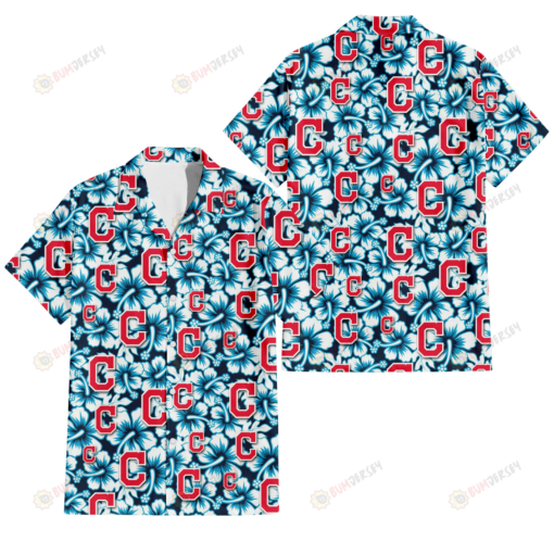 Cleveland Indians Blue Line White Hibiscus Black Background 3D Hawaiian Shirt