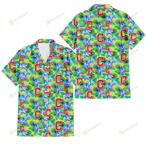 Cleveland Indians Blue Orchid Green Pink Leaf Green Background 3D Hawaiian Shirt