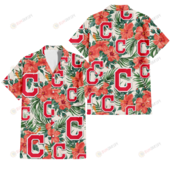 Cleveland Indians Coral Hibiscus Green Leaf Beige Background 3D Hawaiian Shirt