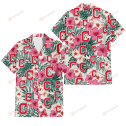 Cleveland Indians Coral Pink Hibiscus Green Leaf Beige Background 3D Hawaiian Shirt